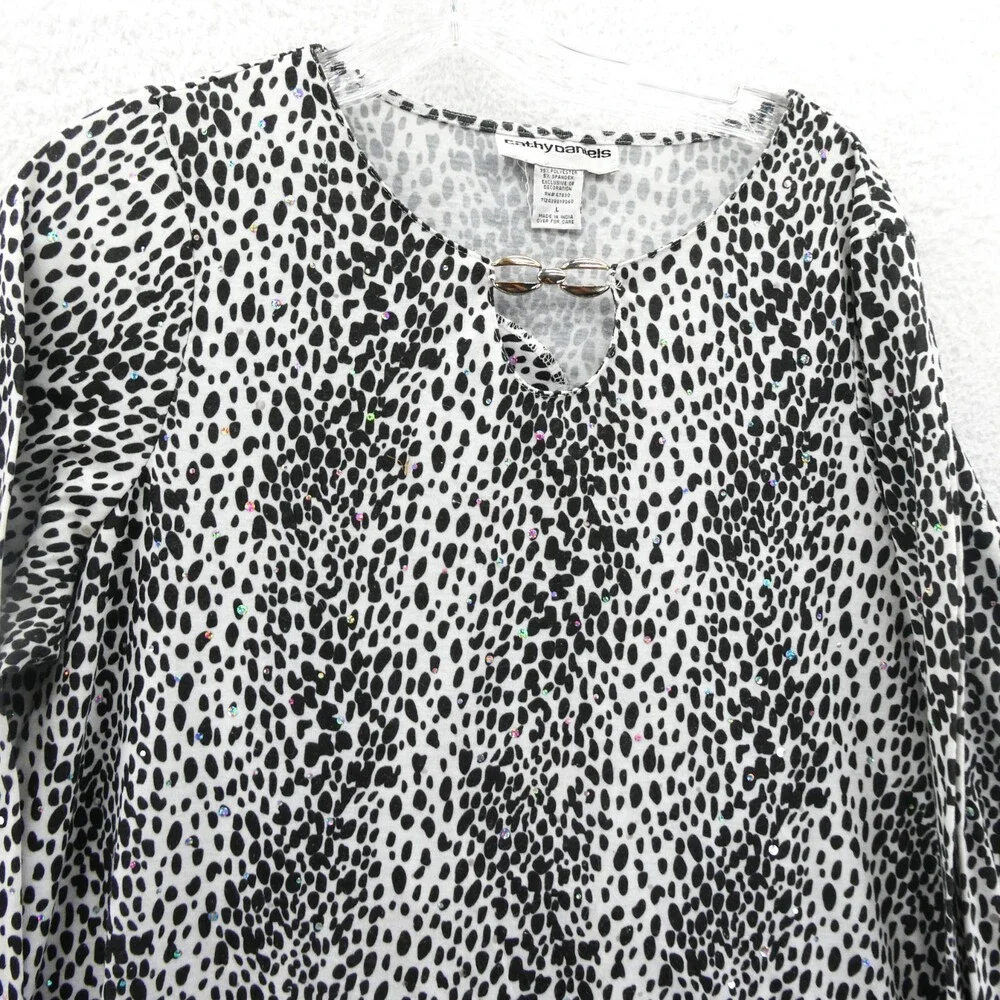 Cathy Daniels Sweater Large Womens Black White Spotted Tight Knit Long‎ Sleeve
